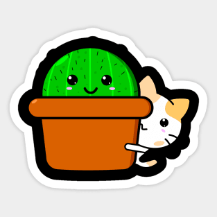 Cute Kawaii cat peeking out behind cactus Sticker